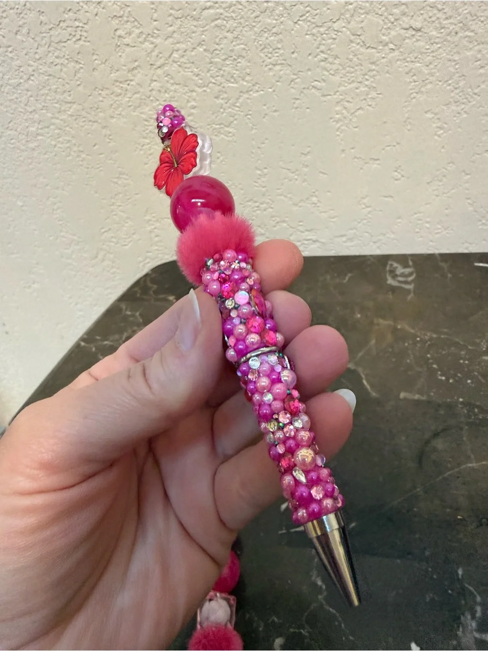 Hibiscus Hawaiian Flower Rhinestone Beaded Pen and Matching Badge Reel Handmade